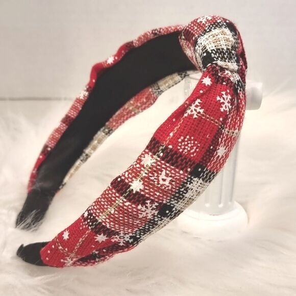 RED BLACK KHAKI PLAID SNOWFLAKE CHRISTMAS HEADBAND - Picture 3 of 5